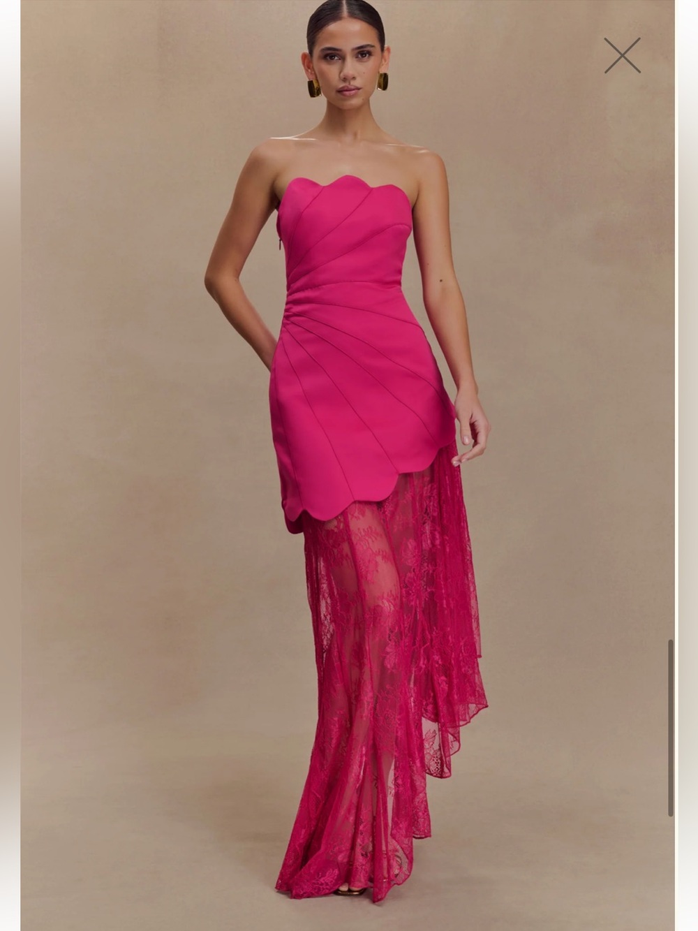 Meshki Fuchsia Asymmetrical Scalloped Lace Maxi Dress